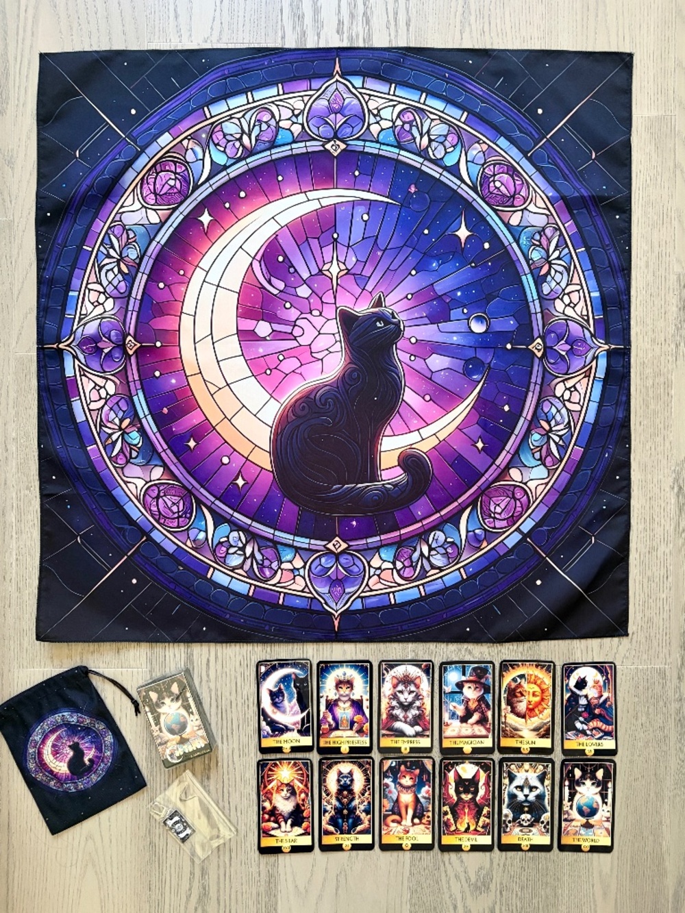 Cat, Tarot Bundle, Includes, Cards, Cloth, Key Chain, Pouch, Set of 12 Stickers